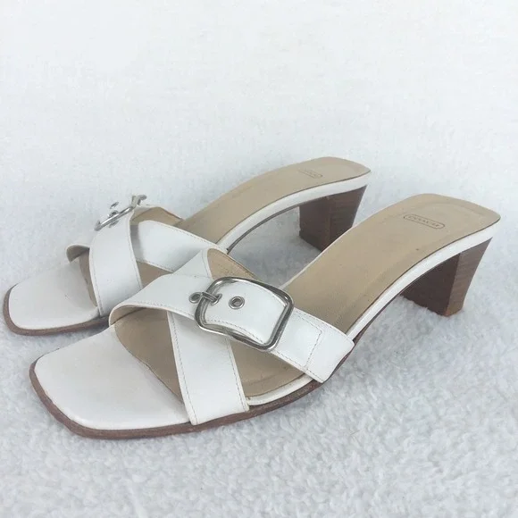Coach Magdalene White Leather Cross Strap Buckle Slide Sandals Womens 6 Italy - Picture 1 of 12